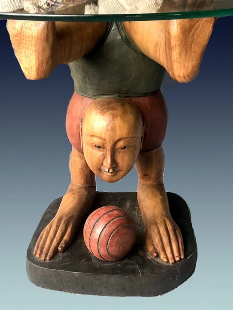 Thai Carved Wooden Acrobat w Glass Top Table
