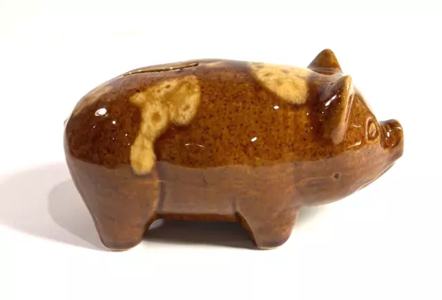 Vintage Piggy Bank Bennington Style Yelloware Ceramic Brown Glaze Golden Spots