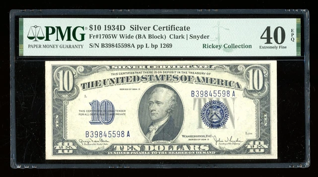 DBR 1934-D $10 Silver Wide Fr. 1705W PMG XF-40 EPQ Serial B39845598A