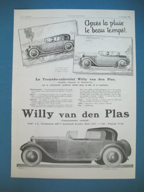 Publicite De Presse Willy Van Den Plas Automobile Torpedo Cabriolet Ad 1925