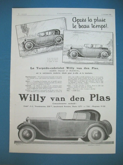 Willly Van Den Plas Automobile Torpedo Cabriolet Ad 1925 Press Advertisement