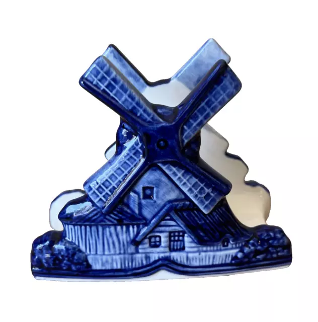 Vintage DELFT BLUE Hand Painted Windmill Cottage Blue Napkin Holder Holland DAIC