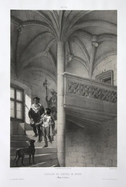 1860 Escalier du Chateau de Bauge / Maine et Loire / Anjou Lithographie Wismes