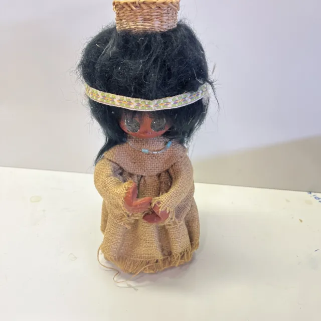 VTG Li'l Luv Pima Native American Flower Basket Beads Paper Mache Handmade Doll