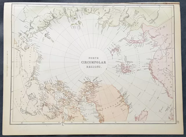 1870 John Bartholomew Large Antique Map of North Pole & Arctic Regions, Canada