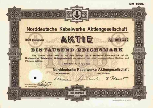 Norddeutsche Kabelwerke AG 1928 Berlin Neukölln 1000 RM AEG Telefunken Dresdner