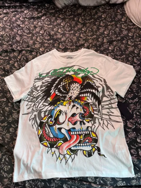ED HARDY GRAPHIC White T-Shirt Logo Tattoo Eagle Skull Snake Mens Size ...