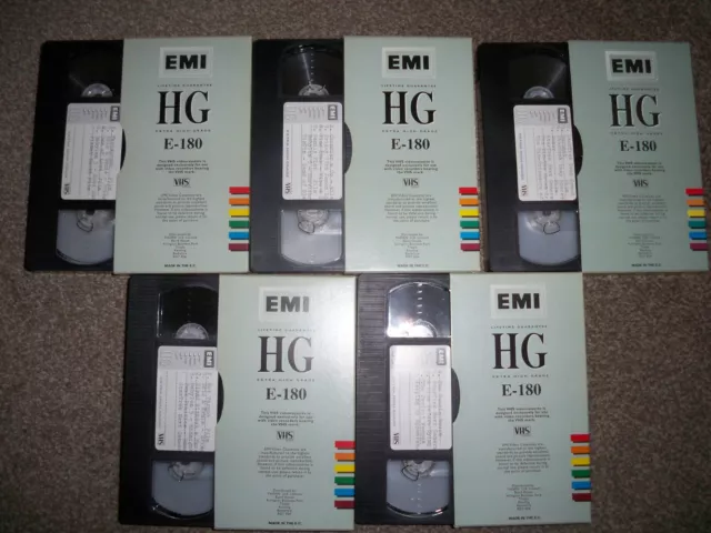 5 x EMI E180 HG Recordable 3 Hour Video VHS Tapes Cassettes -EMI HG High Quality