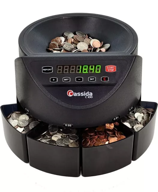 Cassida C100 Electronic Coin Sorter/Counter, Countable Coins 1¢, 5¢, 10¢, 25¢, 2