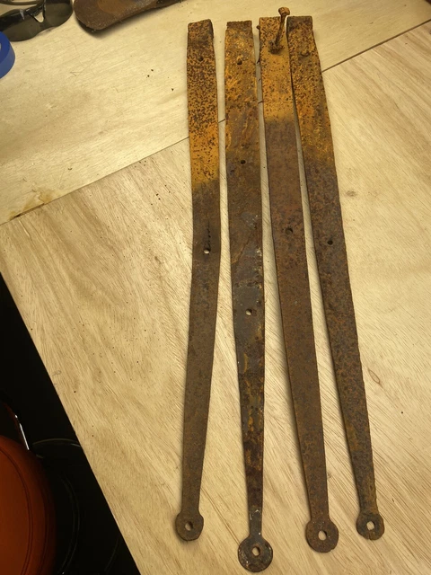 Antique 1800’s Barn Strap Hinges Hand Wrought Iron Round Ends 27 Inches