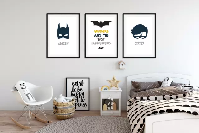 Personalised Brother BATMAN PICTURES for Boys Bedroom A3 Prints Set of 3 FRAMED