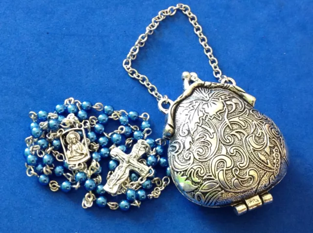 Handmade Purse Locket ROSARY Blue Glass Pearls Sacred Heart Trinity Cross Metal