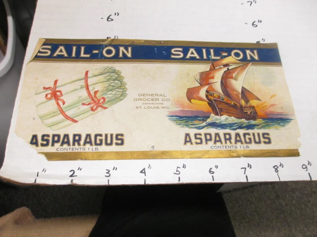 SAIL-ON asparagus 1930s sailing ship tin can food paper label General Grocer