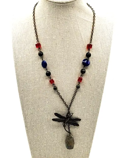Dragonfly Drop Pendant Necklace Bronze Toned Chain Blue Red Black Stones 17"