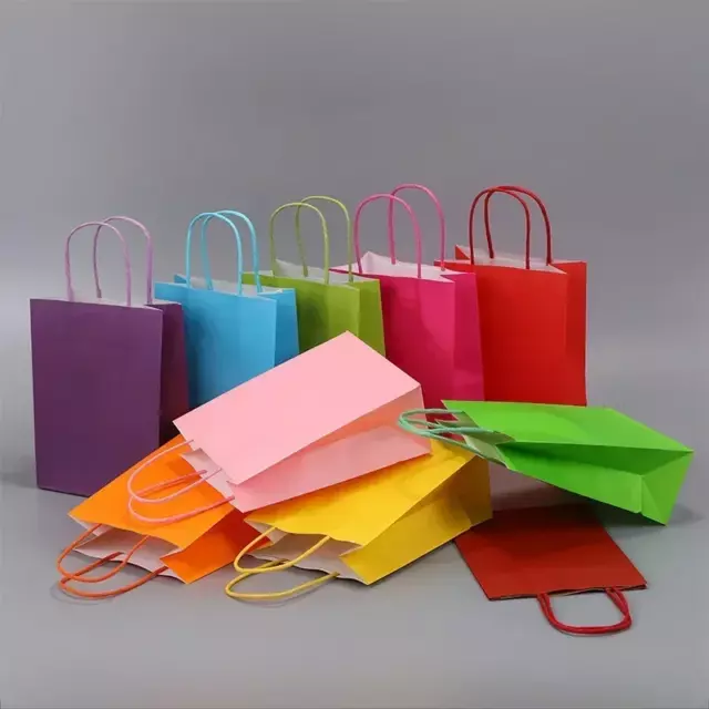 10pcs Bunt Gift Bag Wiederverwendbar Kraftpapier Einkaufen Verpackung Beutel W/ 3