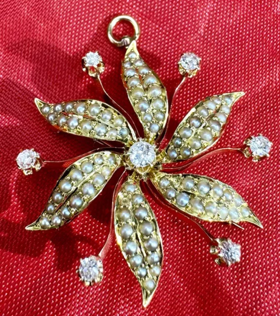 Antique Starburst Solid 14K Yellow Gold Mine Diamond & Seed Pearl Brooch Pendant