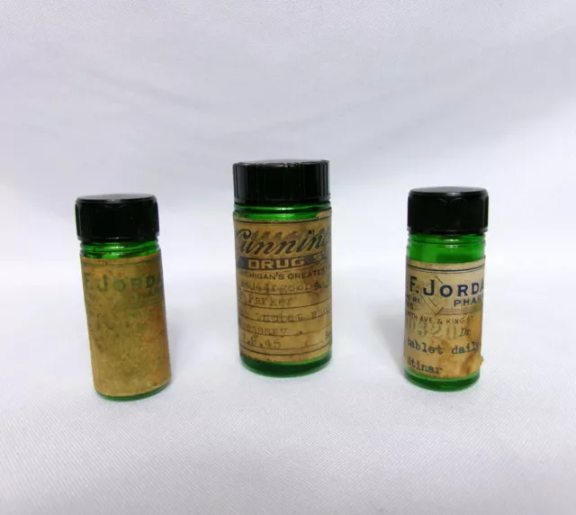 Lot/3 - Vintage Green Glass Prescription Pharmacy Bottles w/ Screw-Top Lids