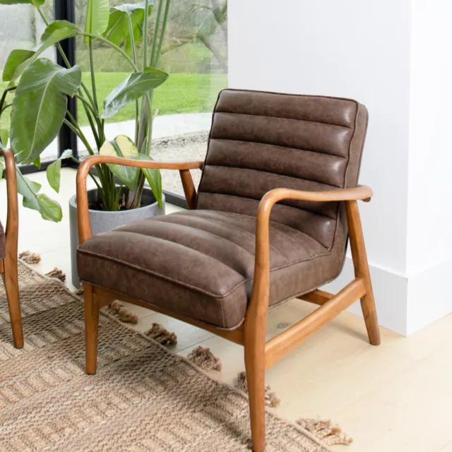 Brown Faux Leather Armchair Retro Style Armchair Mid-Century Modern Chair