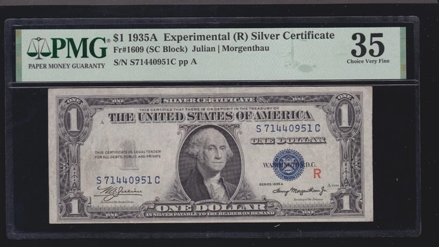 US 1935A $1  Silver Certificate Experimental 'R' FR 1609 PMG 35 Ch VF (951)