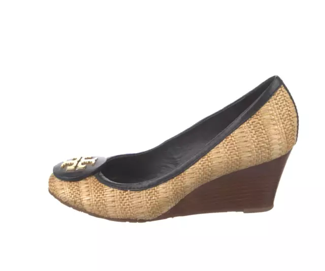 Tory Burch Sally Navy Raffia Straw & Leather Logo Wedge Heel Pump Shoes Size 10M