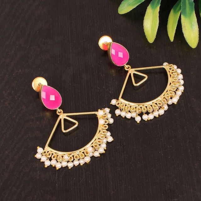 Gift For Her Unknown Brass Fushia Chalcedony Gemstone Drop/Dangle Earrings