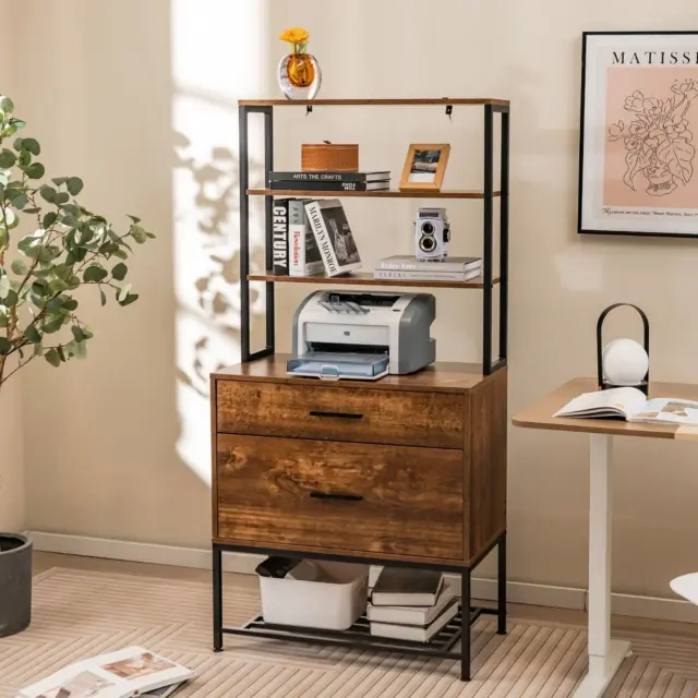 Freestanding Printer Stand with Three-Tiered Open Shelves and Spacious Drawer