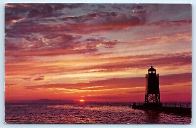 POSTCARD Sunset Over Lake Michigan Lighthouse and Pier Charlevoix-The-Beautiful