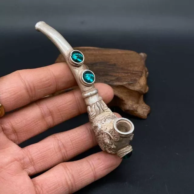 Exquisite Chinese Old Antiques Handmade White Copper Dragon Smoking Pipe