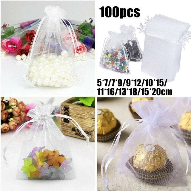 100Pcs Blanc Organza Cadeau Sacs Mariage Fête Faveur Bijoux Bonbon Sachets