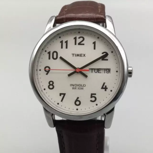 Timex Easy Reader Watch Men Indiglo 35mm Silver Tone Day Date Leather Band