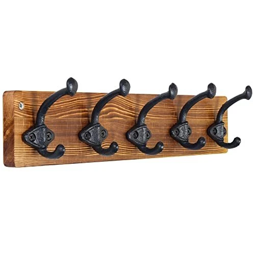 Rustic Wall Mount Coat Rack - 5 Cast Iron Hooks (Heavy Duty, Black)