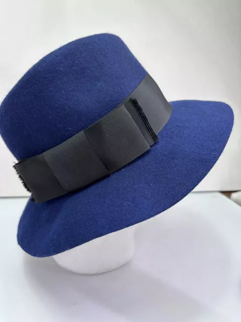 Kate Spade Hats Off Navy Blue Wool Fedora Hat Black Ribbon Detail