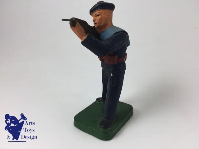 Figurine JRD France (vers 1935) - Soldat Marin Allongé Avec Fusil, 13.5cm, Socle Bleu