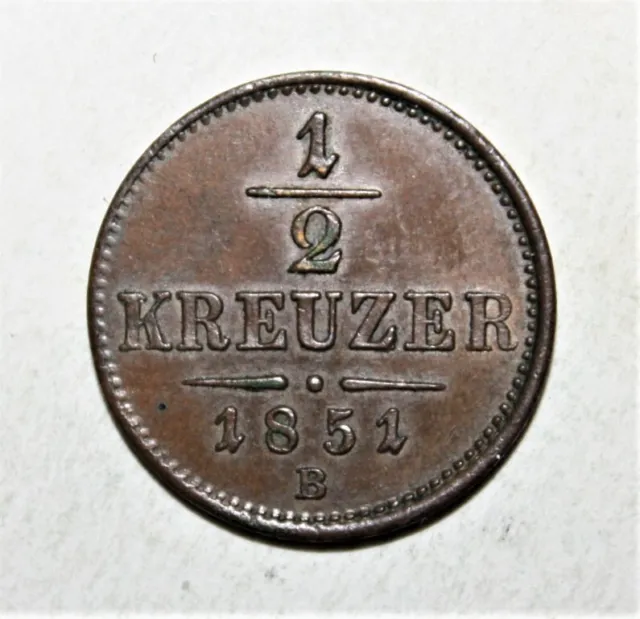 S1 - Austria 1/2 Kreuzer 1851-B Uncirculated Copper Coin - Imperial Double Eagle