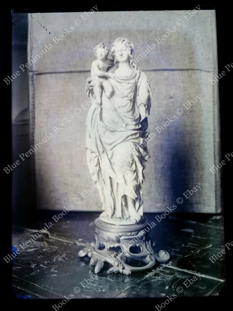 Gran Placa De Cristal 13x18cm Foto Antigua Art Estatua Virgen A el Niño