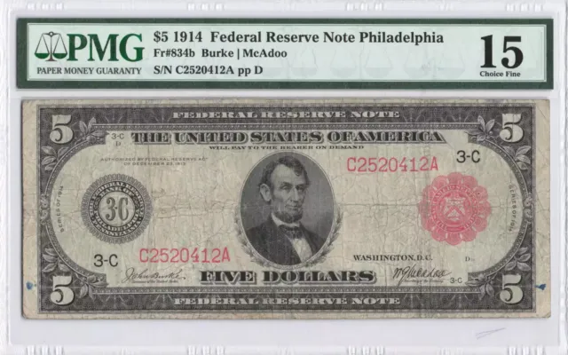PMG Fine 15 Series 1914 $5 Red Seal Philadelphia Federal Reserve Note Fr. 834B