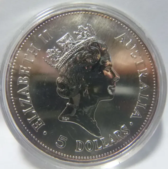 1990 Australia 5 Dollar KOOKABURRA 1 oz .999 Silver Coin In Capsule Very Nice