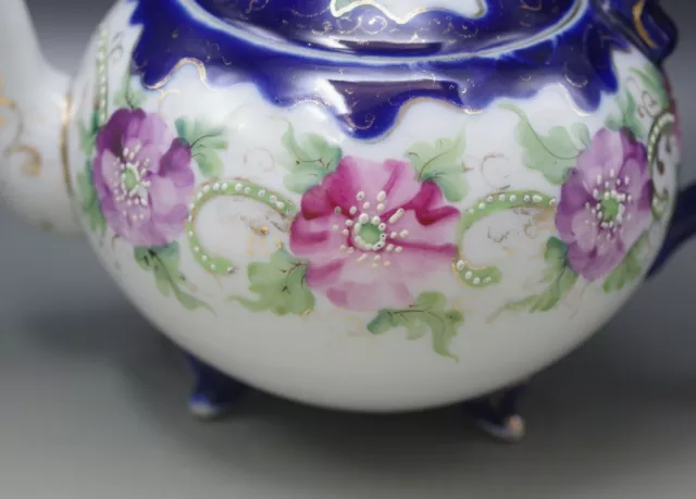 Nippon Porcelain Cobalt Moriage Flowers Tea Set Teapot Sugar Bowl And Creamer 2