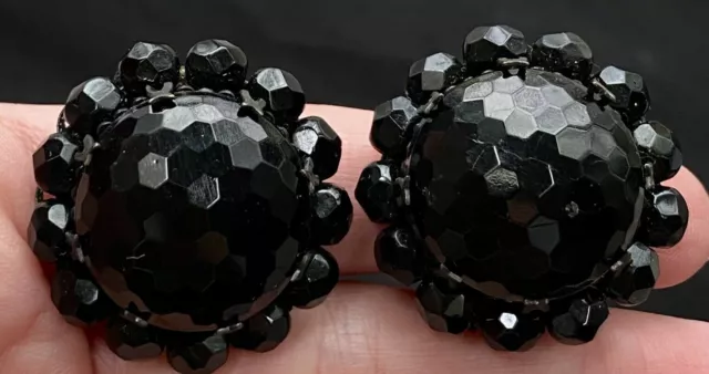 Antique Art Deco Nouveau Faceted Black Beaded Glass Flower Clip Earrings Gothic