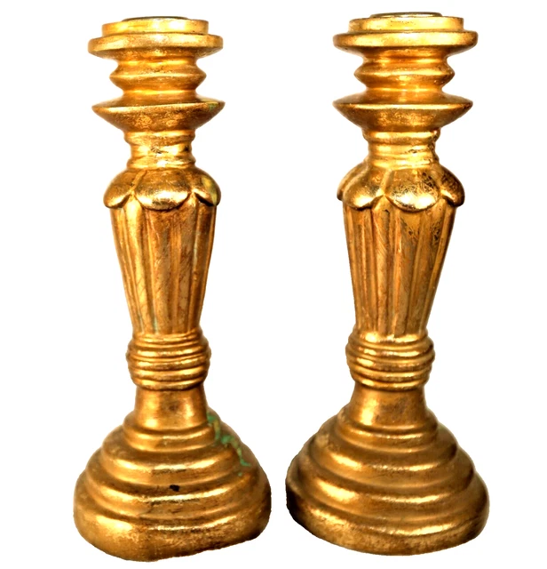 Set of 2 Gold Foil Resin Candlesticks Holders Distressed 8.5" Tall By Elements