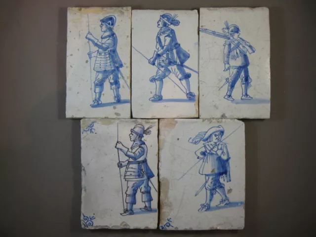 5 Antique Dutch soldier tiles rare fragments 17th century -- free shipping