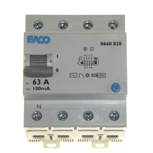 BACO 63A 100mA RCD 4 Pole Trip Safety Switch RCCB Tripping Characteristic AC 3/P