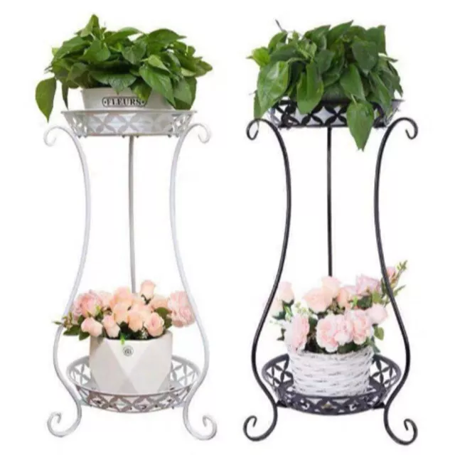 Plant Stand 2 Tier Metal Flower Pots Holder Rack Display Shelf Indoor Outdoor UK