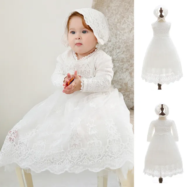 Newborn Baby Girls Christening Baptism Long Dress & Hat White Lace Gown Outfits