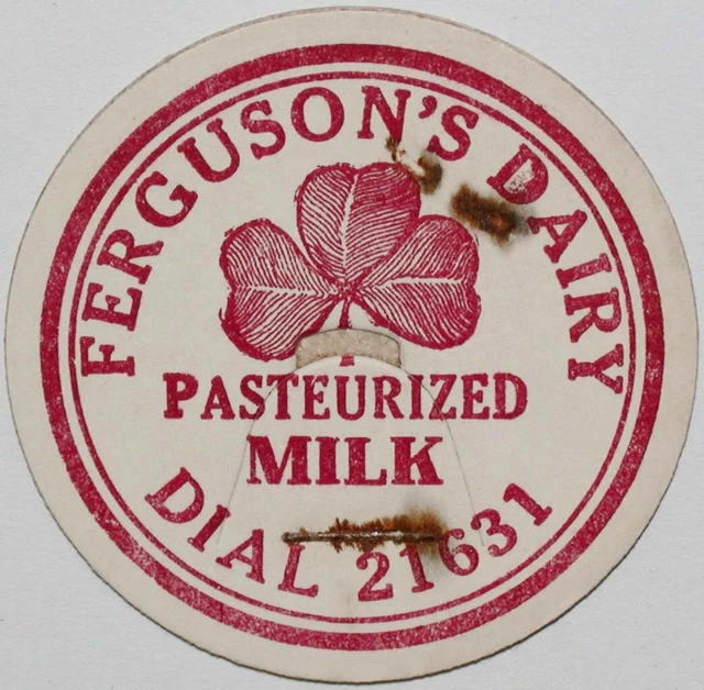 VINTAGE MILK BOTTLE cap FERGUSONS DAIRY clover leaf Dial 21631 Jackson
