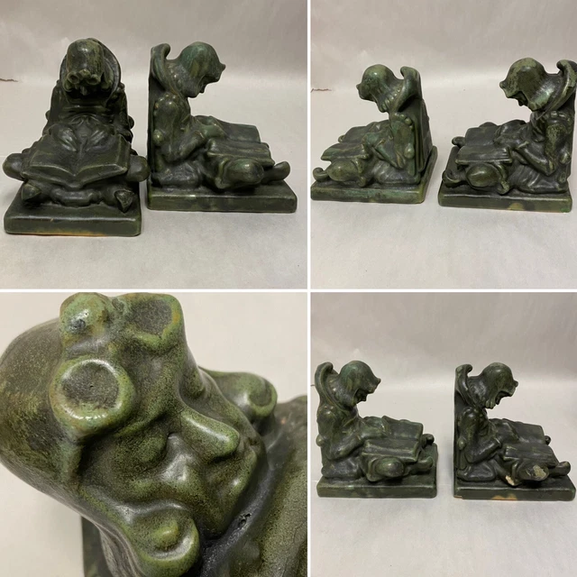 RARE PR VINTAGE c1900 FULPER POTTERY SLEEPY READER MATTE GREEN BOOKENDS 6"x6"x5"