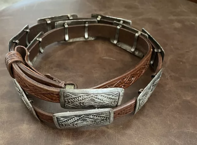 NWOT RRL Ralph Lauren CONCHO Belt LEATHER Tooled Silver Women MEDIUM 30-34