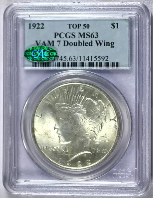 1922 PCGS MS63 Top 50 VAM-7 Doubled Wing Peace Dollar with CAC Label