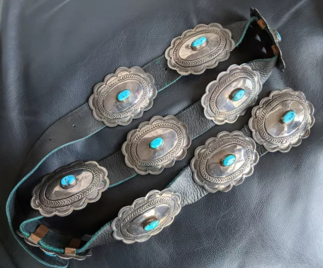 Vintage Navajo Concho Belt Wilson Blackgoat TURQUOISE STERLING No dents 925 509g