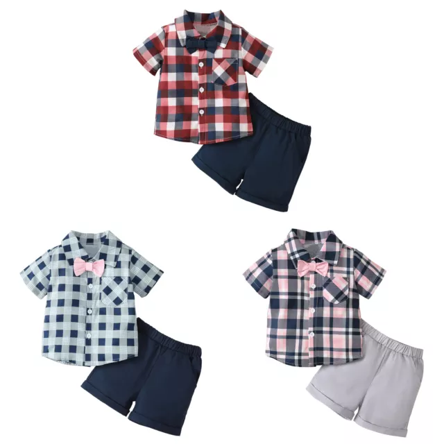 Baby Boy Gentleman Clothes Set Bow Tie Grid Print Top+Shorts Party Formal Outfit